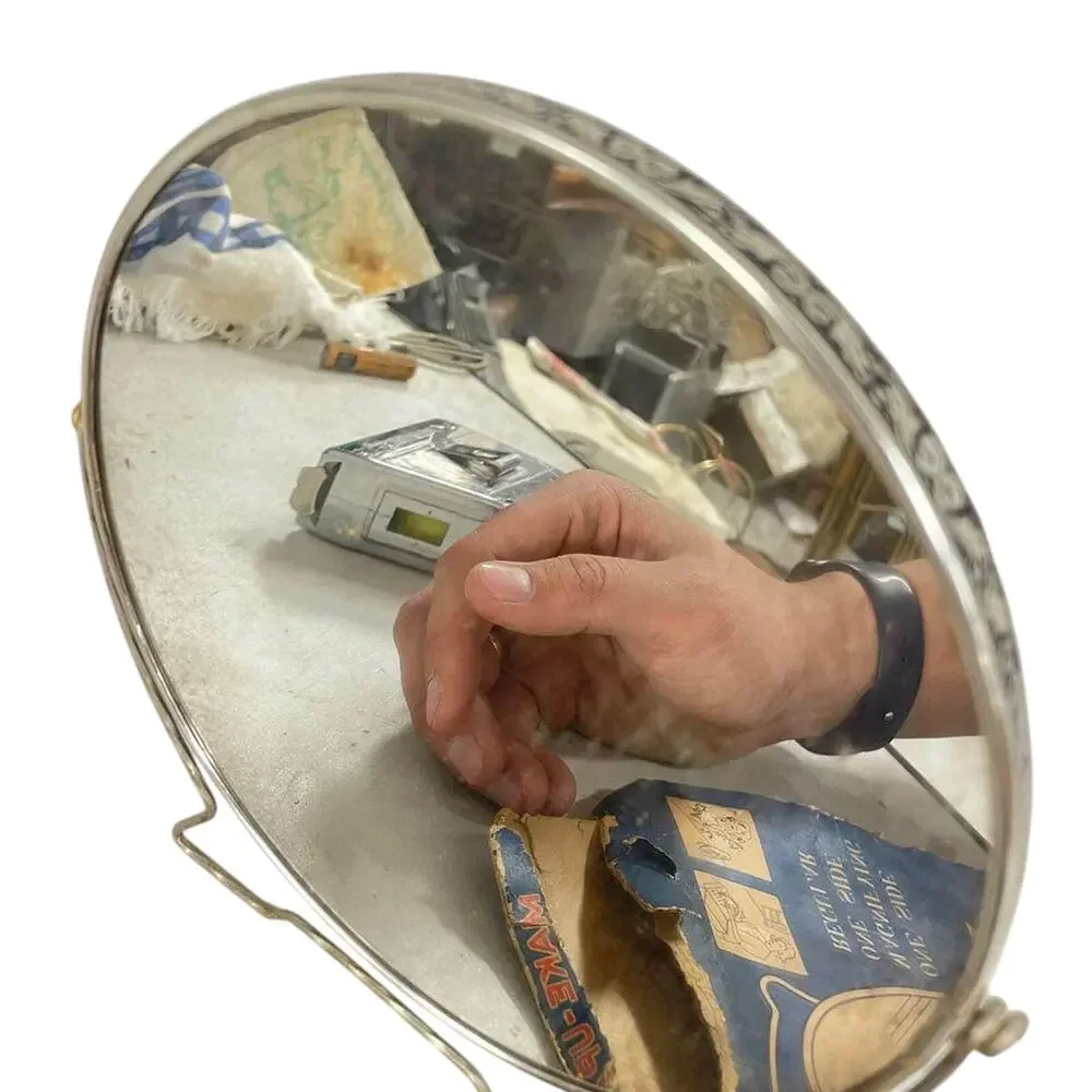 Vintage Circular Double Sided Makeup Vanity Mirror Silver Stainless W Box - HLBN